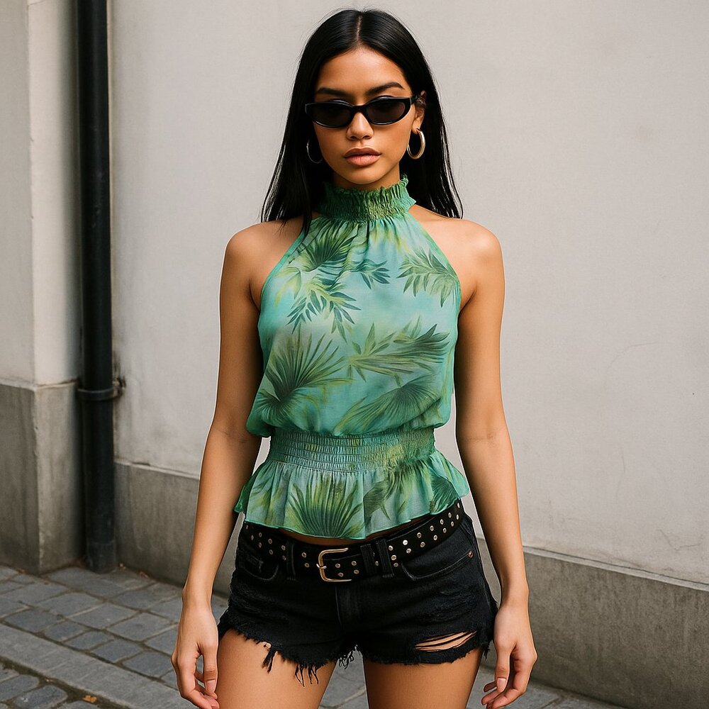 INC Women's Tropical Print Halter Top Size PP Green Multicolor JLo 90's Retro